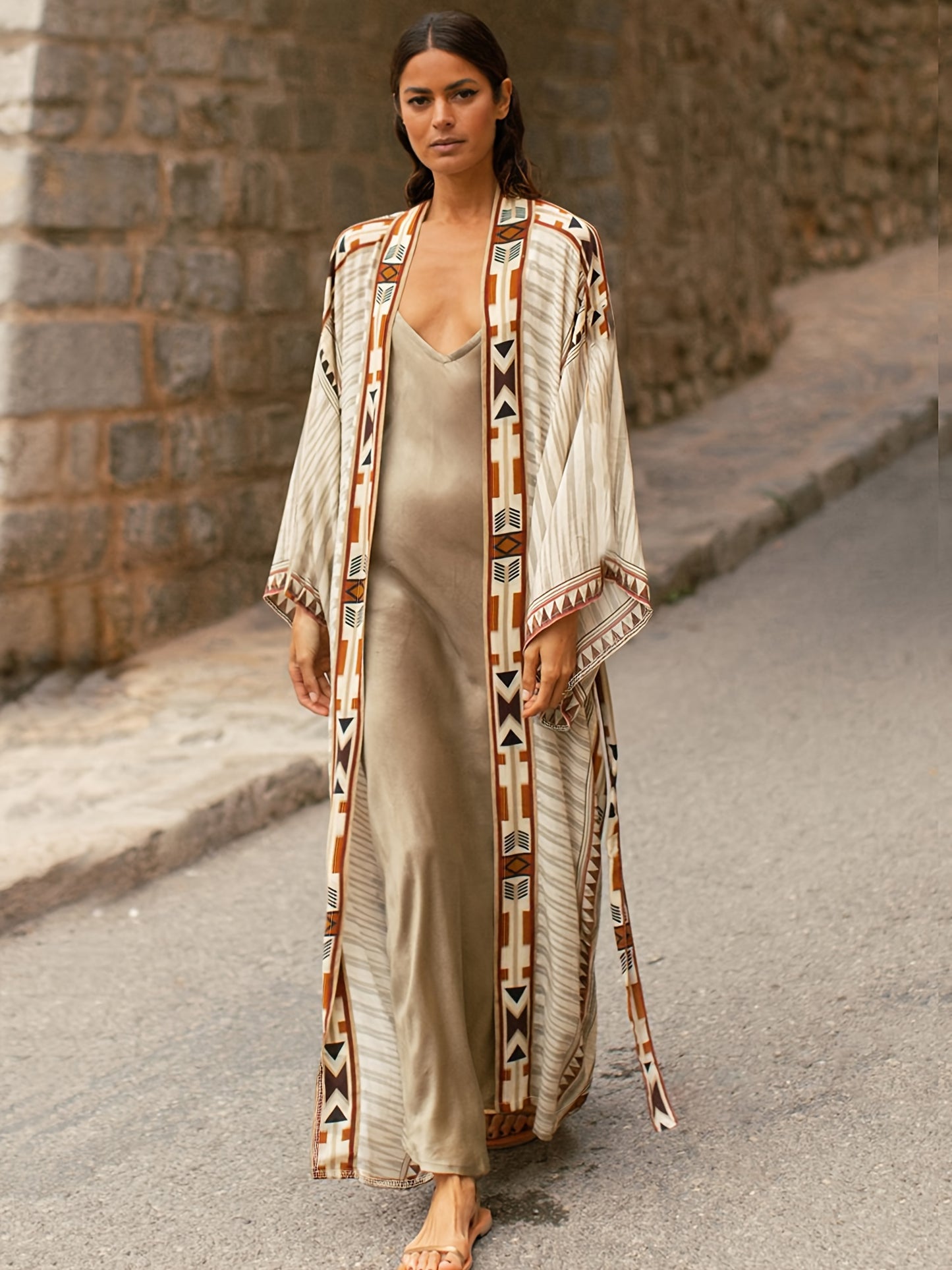 Geo Print Open Front Belted Kimono, Boho Long Sleeve Beachwear Cove Up.