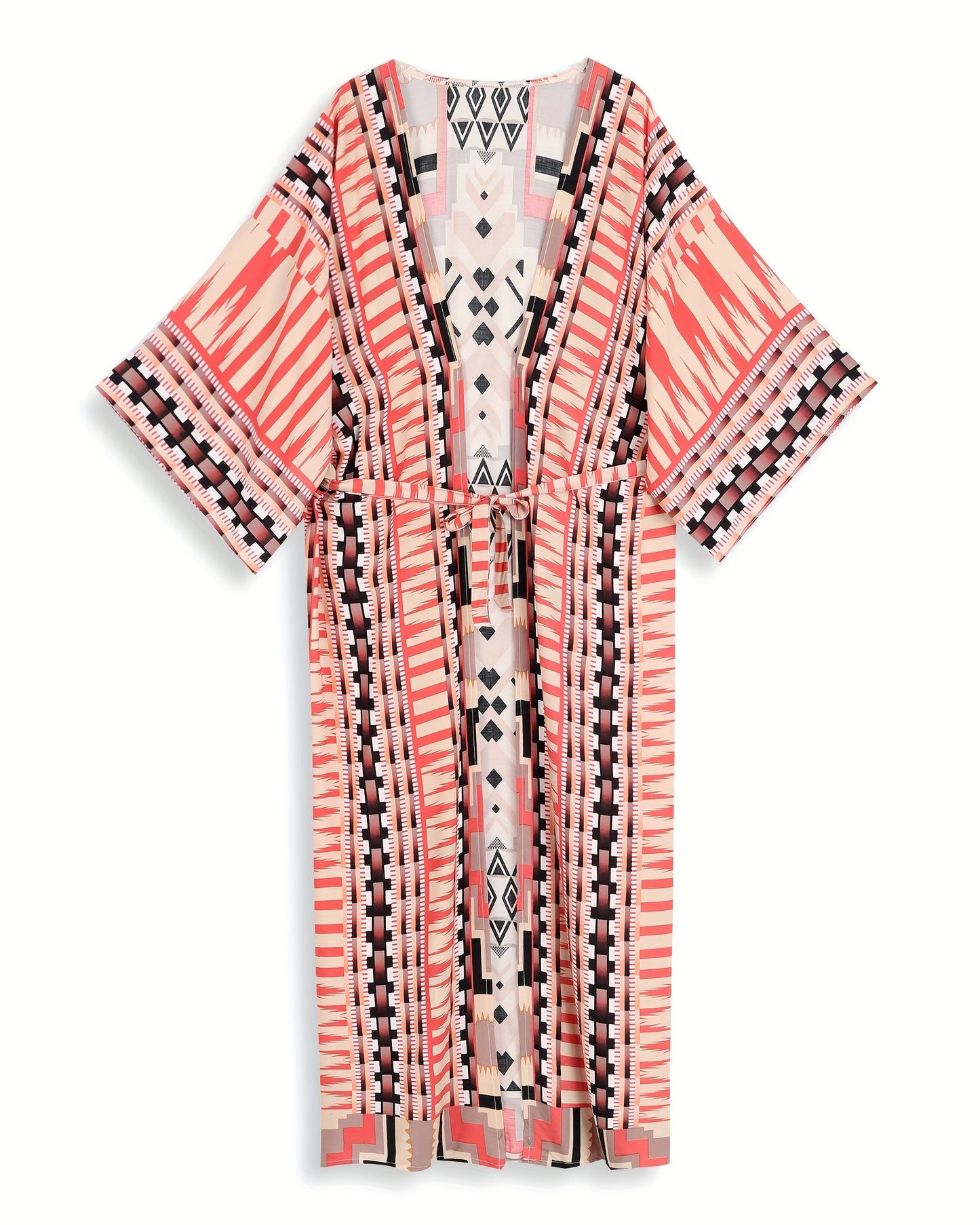 Geo Print Open Front Belted Kimono, Boho Long Sleeve Beachwear Cove Up.