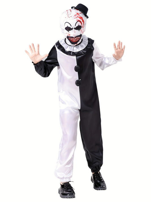 Horror Themed Party Outfit For Boys - Black And White Clown Jumpsuit And Matching Mask - Scary Clown Dress Up Clothes Set, Perfect For Halloween Holiday Carnival Party