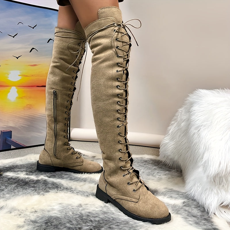 Mid Heel Womens Thigh High Boots - Soft Flannel Lined, Lace Up, Round Toe, Comfortable, Warm, and Fashionable Flat Long Boots for Casual Occasions