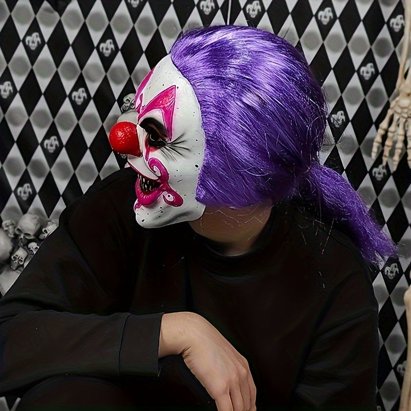 Premium Purple Clown Mask with Wig - Breathable Latex, Stretch Fit for Halloween & Cosplay Parties - Perfect for Pranks & Photo Props, Ages 14+