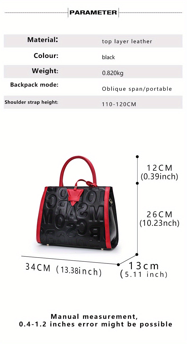 Luxury Genuine Leather Tote Bag, Women's Letter Embossed Handbag, Large Capacity Satchel Purse