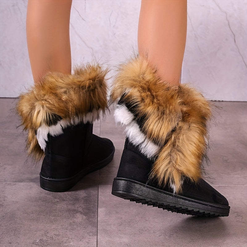 Women's Faux Fur Snow Boots, Casual Slip On Plush Lined Boots, Women's Comfortable Winter Boots