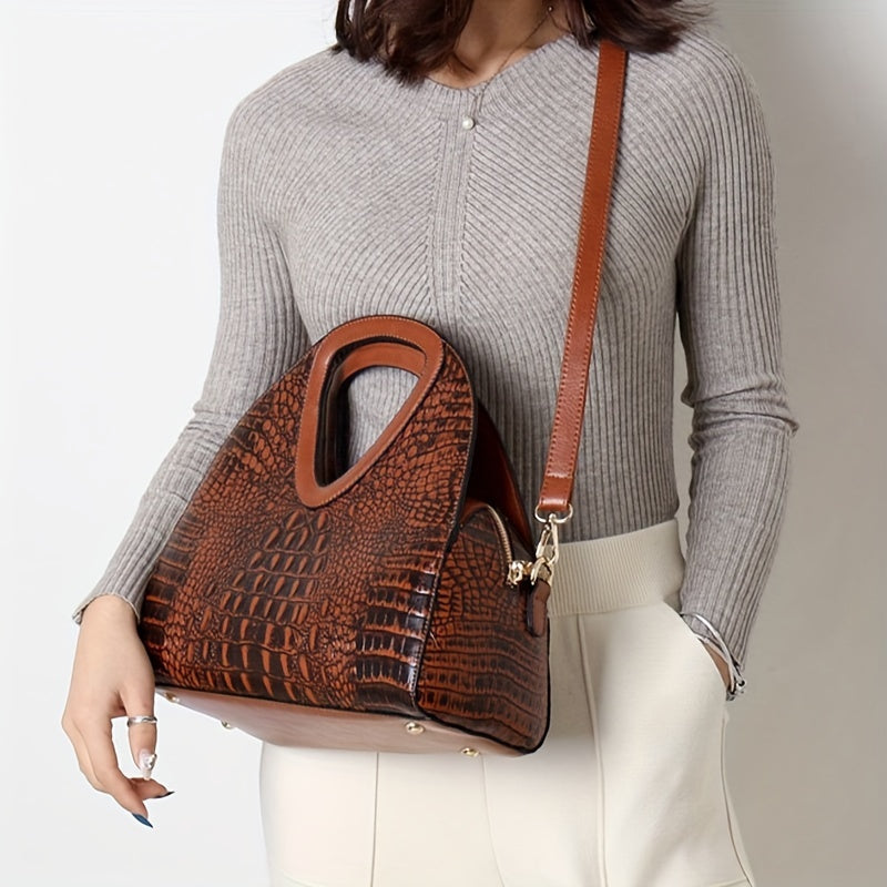 2-Piece Set PU Leather Handbag & Clutch Zipper Purse, Crocodile Embossed, Fashion Commuter Bags