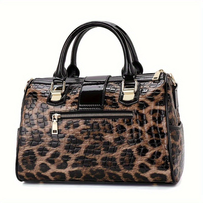 Leopard Print Handbag For Women, Crocodile Pattern Boston Bag, Luxury Genuine Leather Satchel Purse