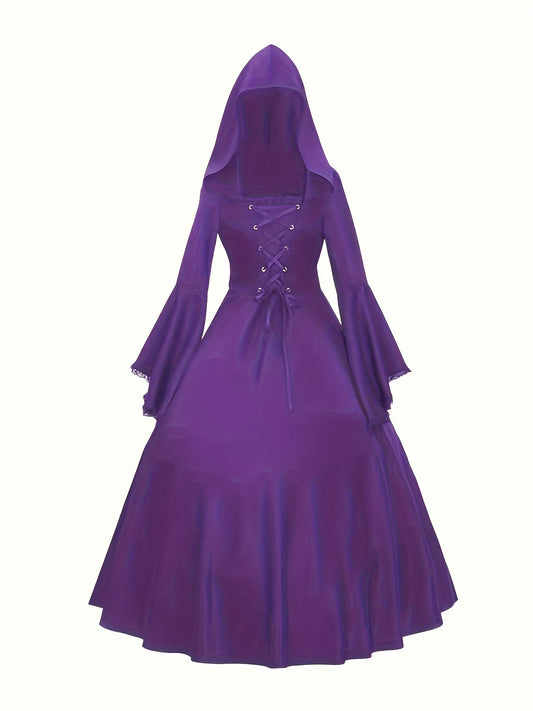 Gothic Style Long Dress, Vintage Hooded Cosplay Costume, Renaissance Medieval Maxi Gown With Lace-Up & And Flared Sleeve,