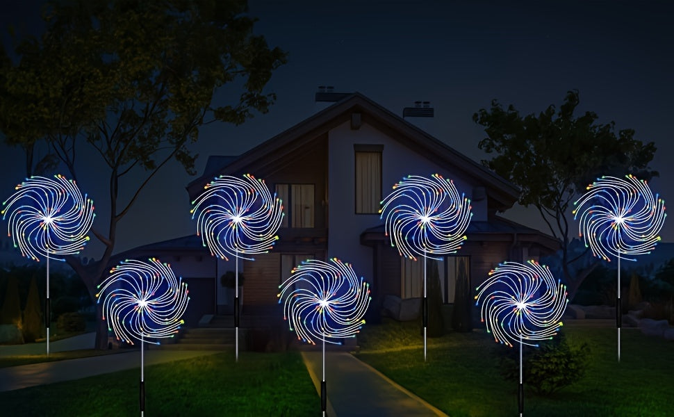 Solar Powered Garden Lights, 4 Pack 320LED Firework Shape, IP65 Waterproof Outdoor Decoration Lighting, 8 Modes Button Control, Flush Mount, Without Laser for Yard, Pathway, Party Decor Supplies