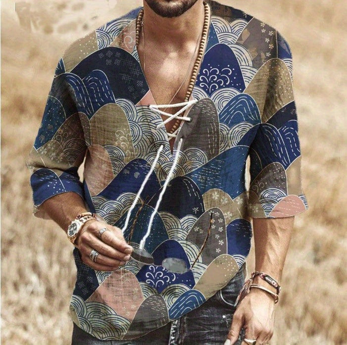 Men's Bohemian Pattern Shirt Top V Neck Lace Up Collar 3/4 Sleeves Closure Regular Fit Male Casual Shirt For Daily Beach Resorts