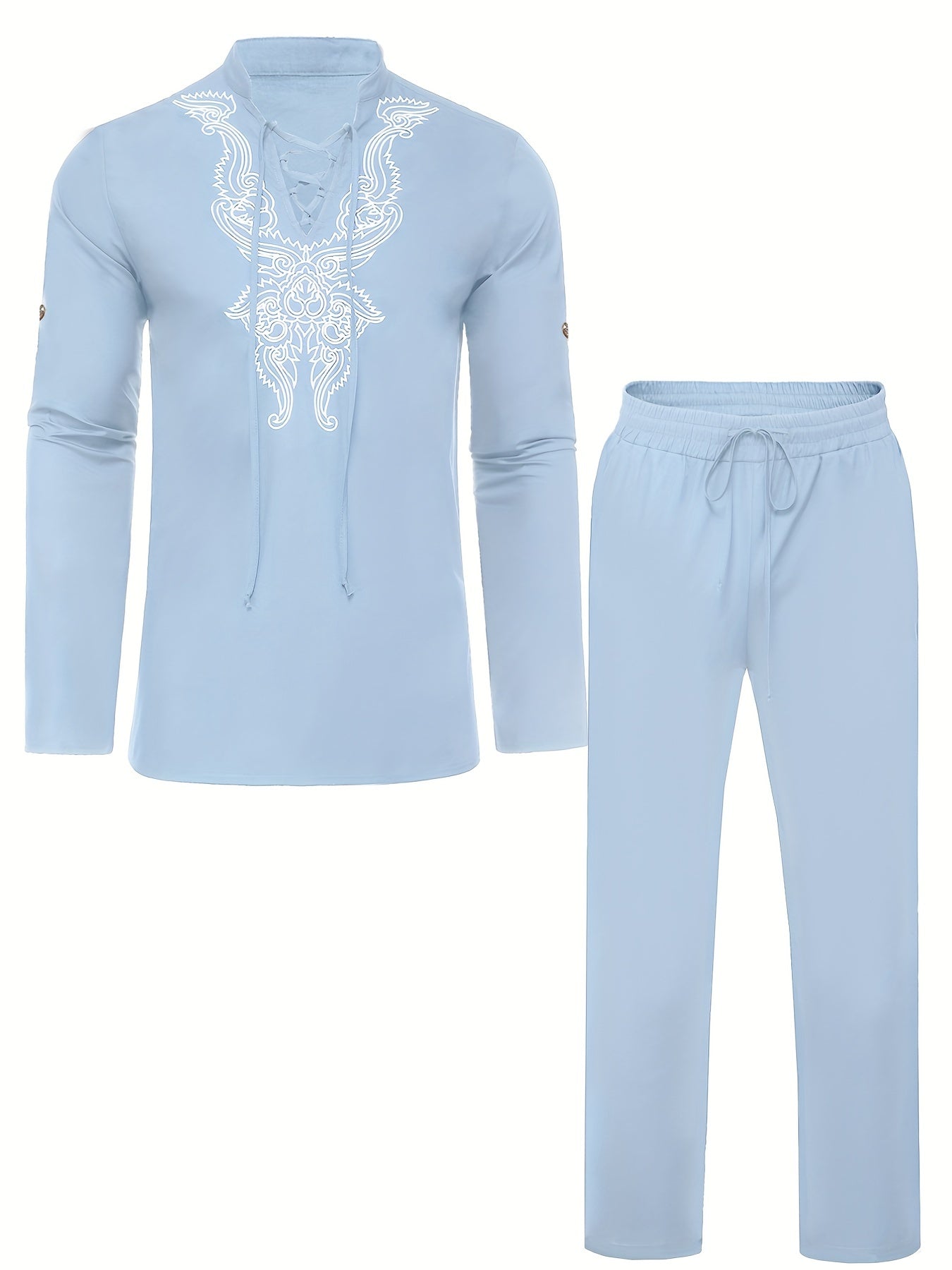 Cotton Boho Style Pattern Embroidery Men's 2 Pieces Outfits, Long Sleeve Lace Up Shirt And Drawstring Solid Trousers Set