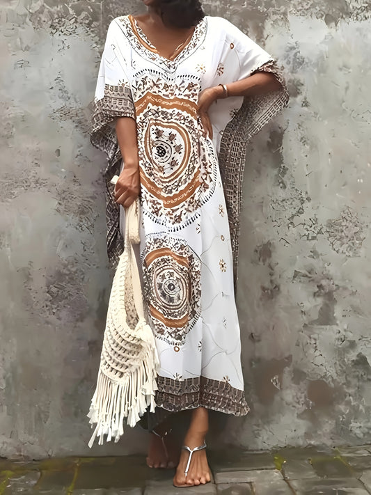 Boho Chic Paisley Print Beach Cover-Up Dress - Loose Fit, V-Neck with Side Slits, Machine Washable - Perfect for Summer Vacations