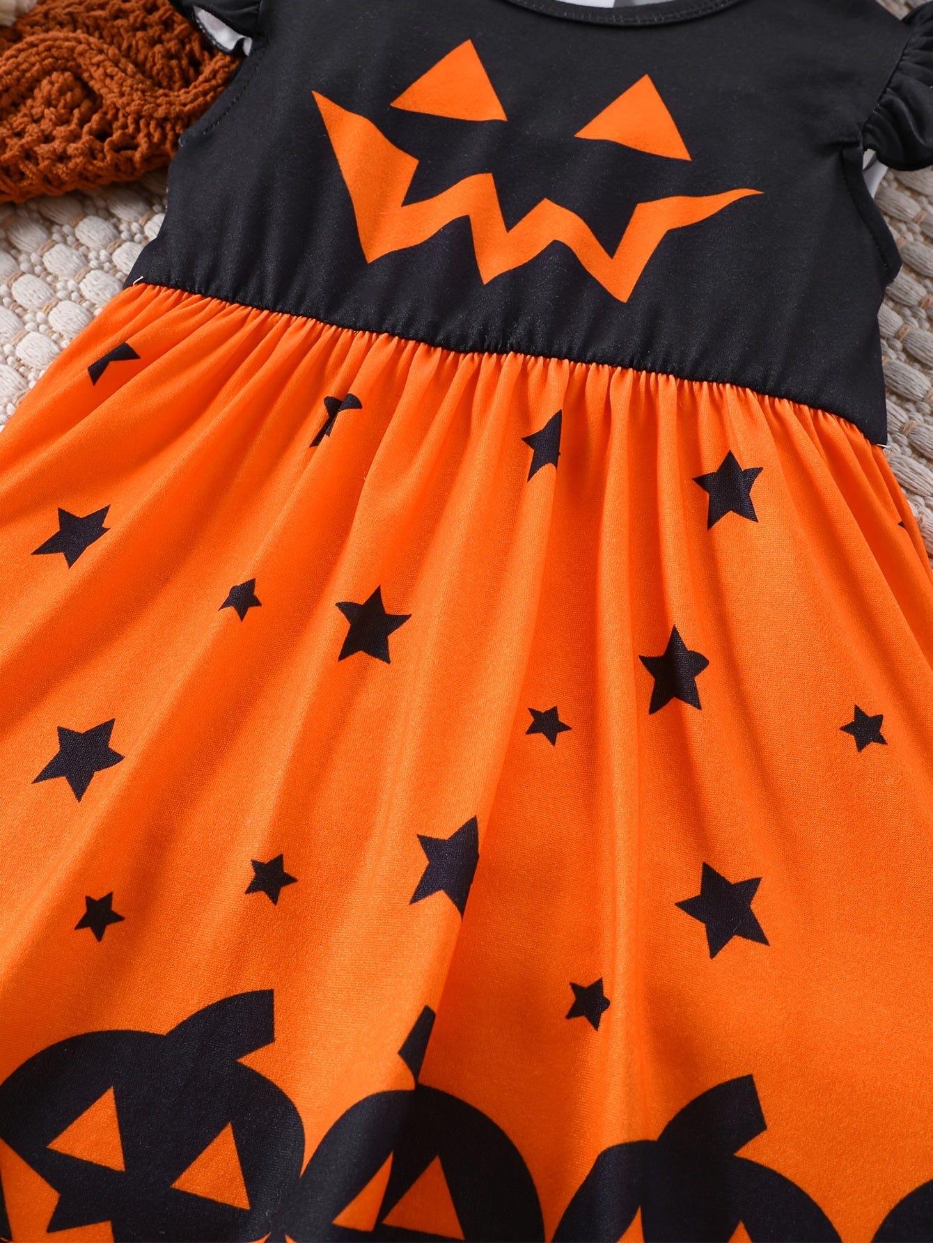 Halloween Pumpkin & Ghost Face Print Dress - Sleeveless with Ruffle Trim, Stretchy Fabric, Machine Washable