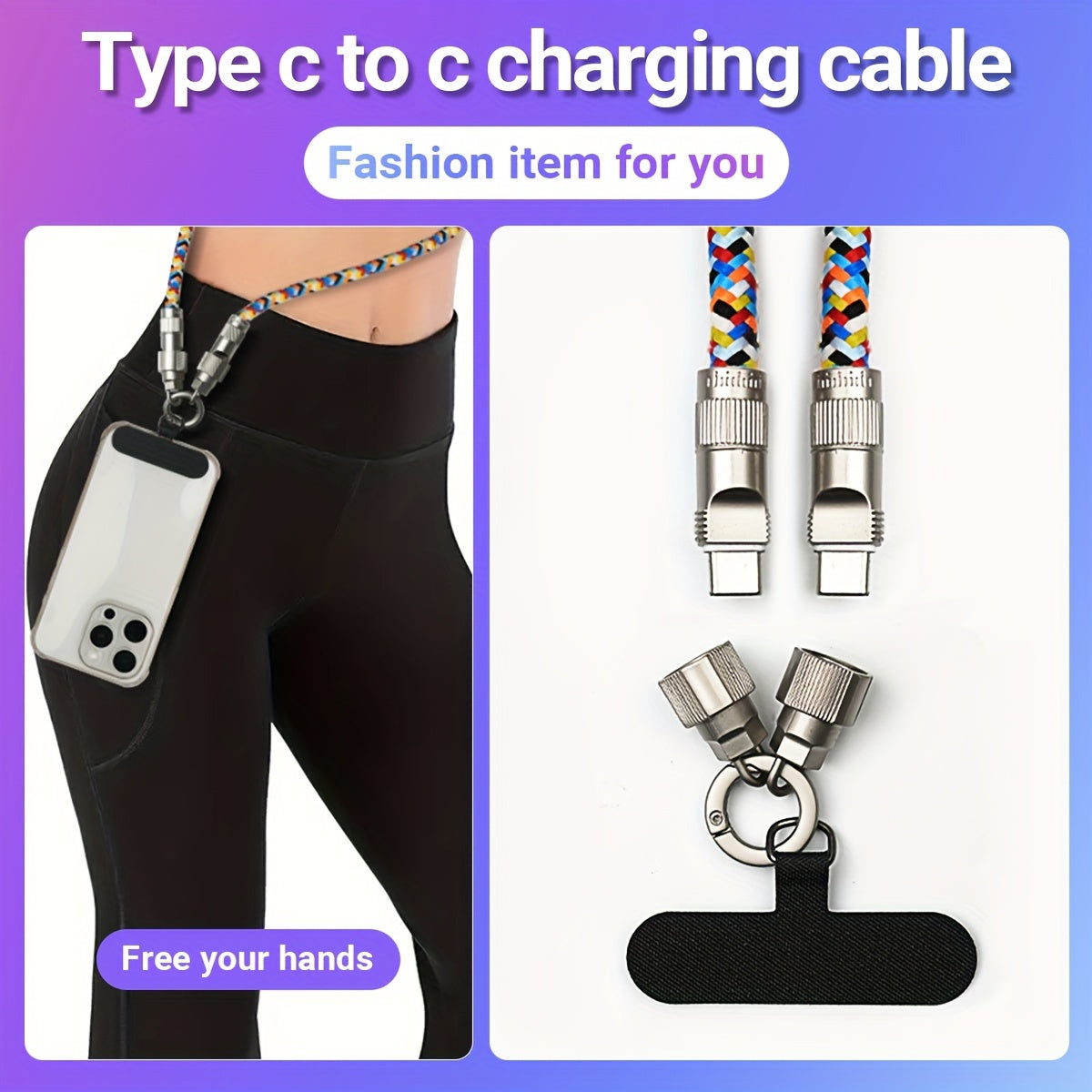 2-in-1 Universal Polyamide Phone Lanyard with PD 60W Fast Charging USB-C Cable, Crossbody Neck Strap Compatible with iPhone 15 Series, Huawei, Xiaomi, OPPO