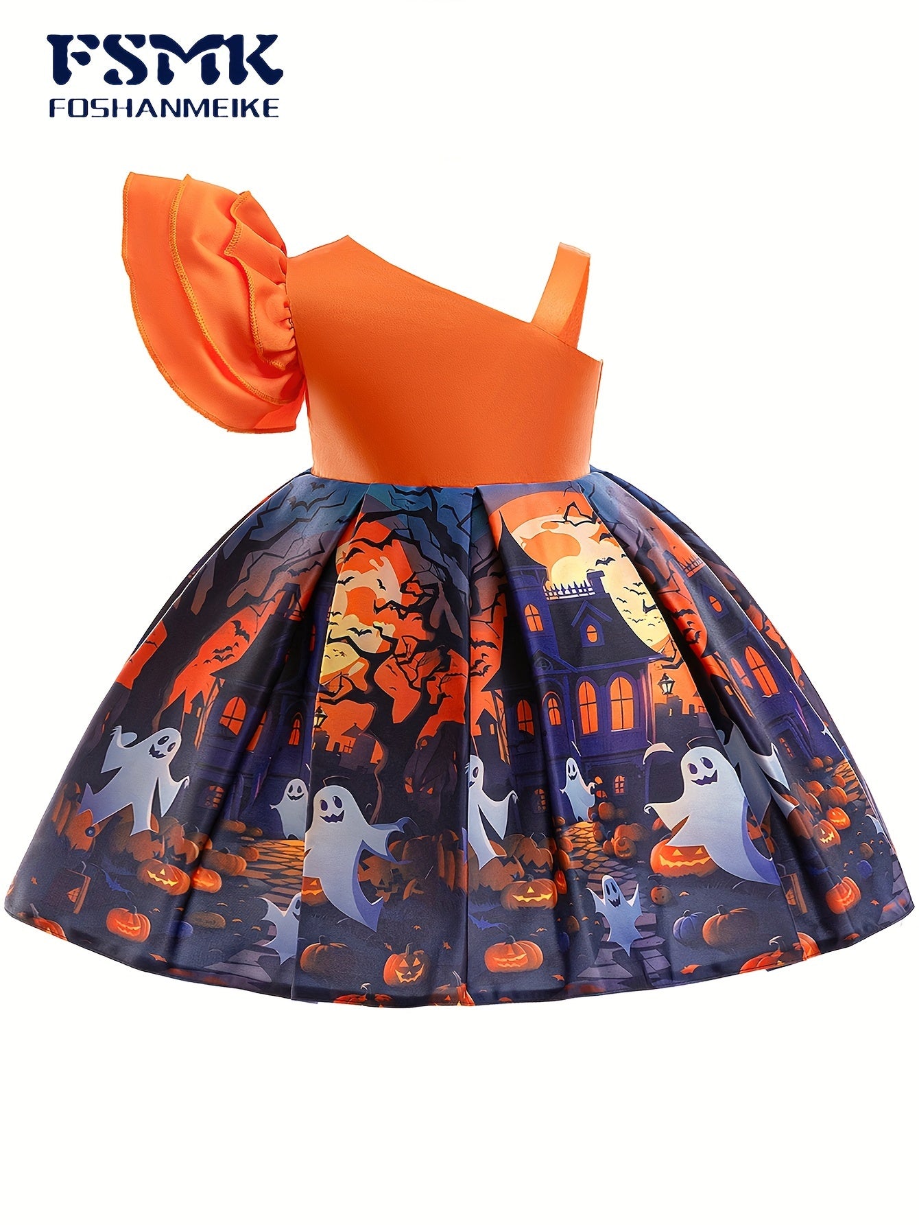 Spooky Chic Girls' Halloween Dress - One-Shoulder With Flutter Sleeves & Ghost Print, Perfect For Parties & Performances