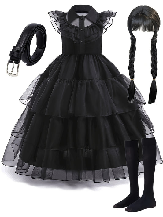 Girls 3 Packs Halloween Vampire Girl Cosplay Costumes Black Princess Tutu Dress + Belt + Wig Kids Clothes