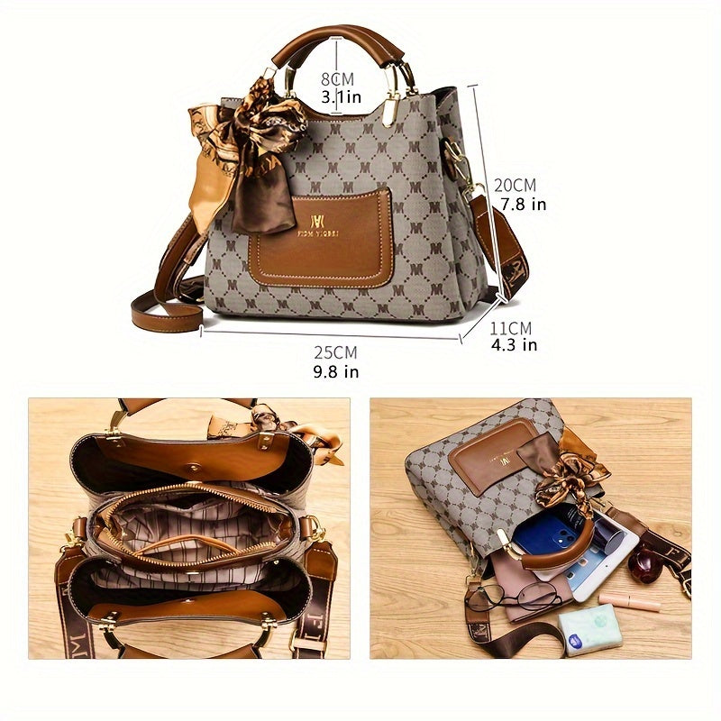 Geometric Letter Pattern Satchel Bag, Letter Patch & Scarf Decor Purse, Elegant Shoulder Bag For Women