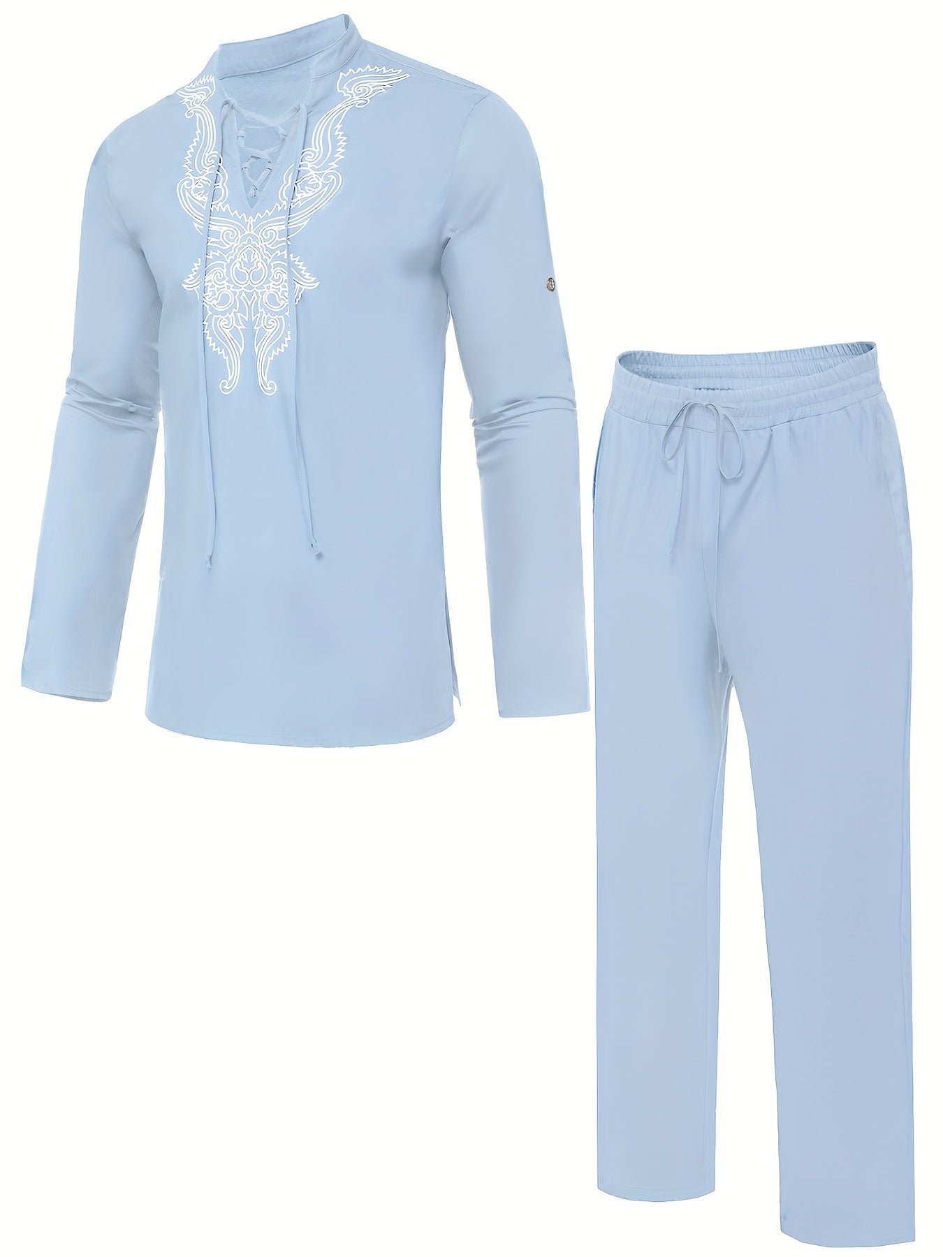 Cotton Boho Style Pattern Embroidery Men's 2 Pieces Outfits, Long Sleeve Lace Up Shirt And Drawstring Solid Trousers Set