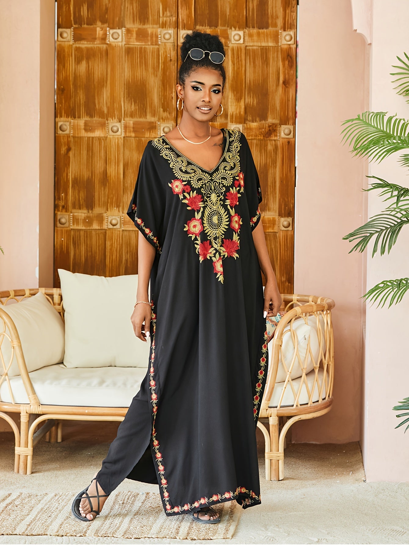 Kaftan dresses for Women Leisure Vacation Ethnic Style Beach Cover Up Embroidery Bating Sleeve Swimsuit Cover Up Beach Robe Flower Embroidered Edge Boho Retro Home Outfit