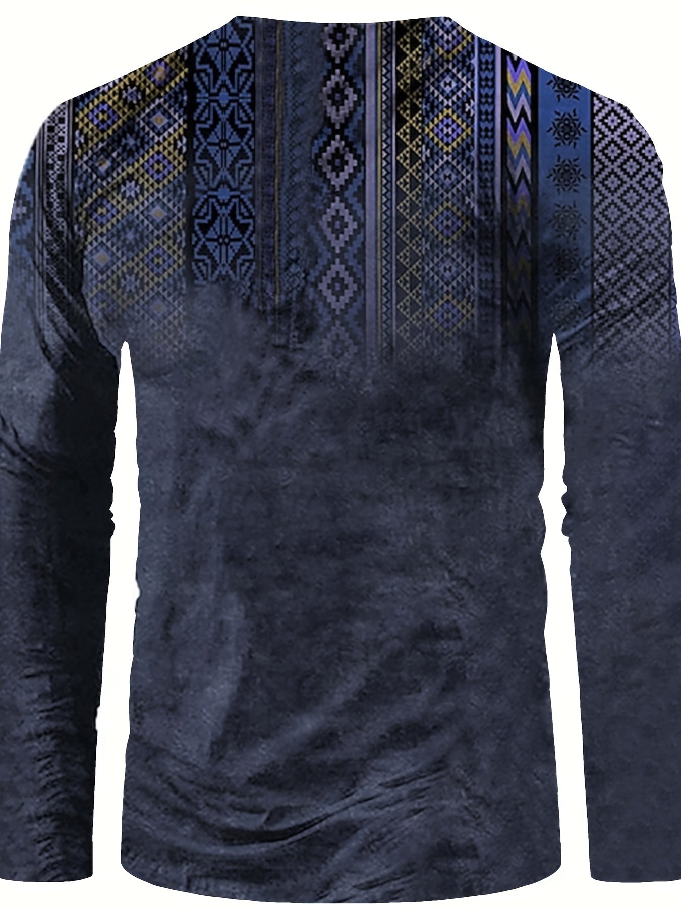 Bohemian Style Pattern Men's Vintage Long Sleeve Henley Tee, Spring Fall, Gift For Men