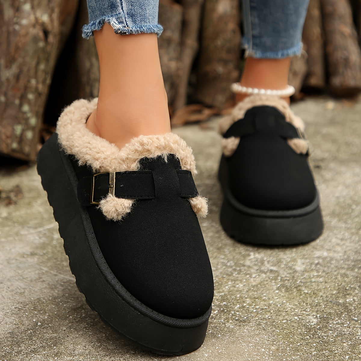 Cozy Plush Lined Ankle Boots - Soft Solid Color Design, Comfortable Buckle Strap, Warm Winter Shoes for Women - Perfect for Cold Weather, Casual Daily Wear