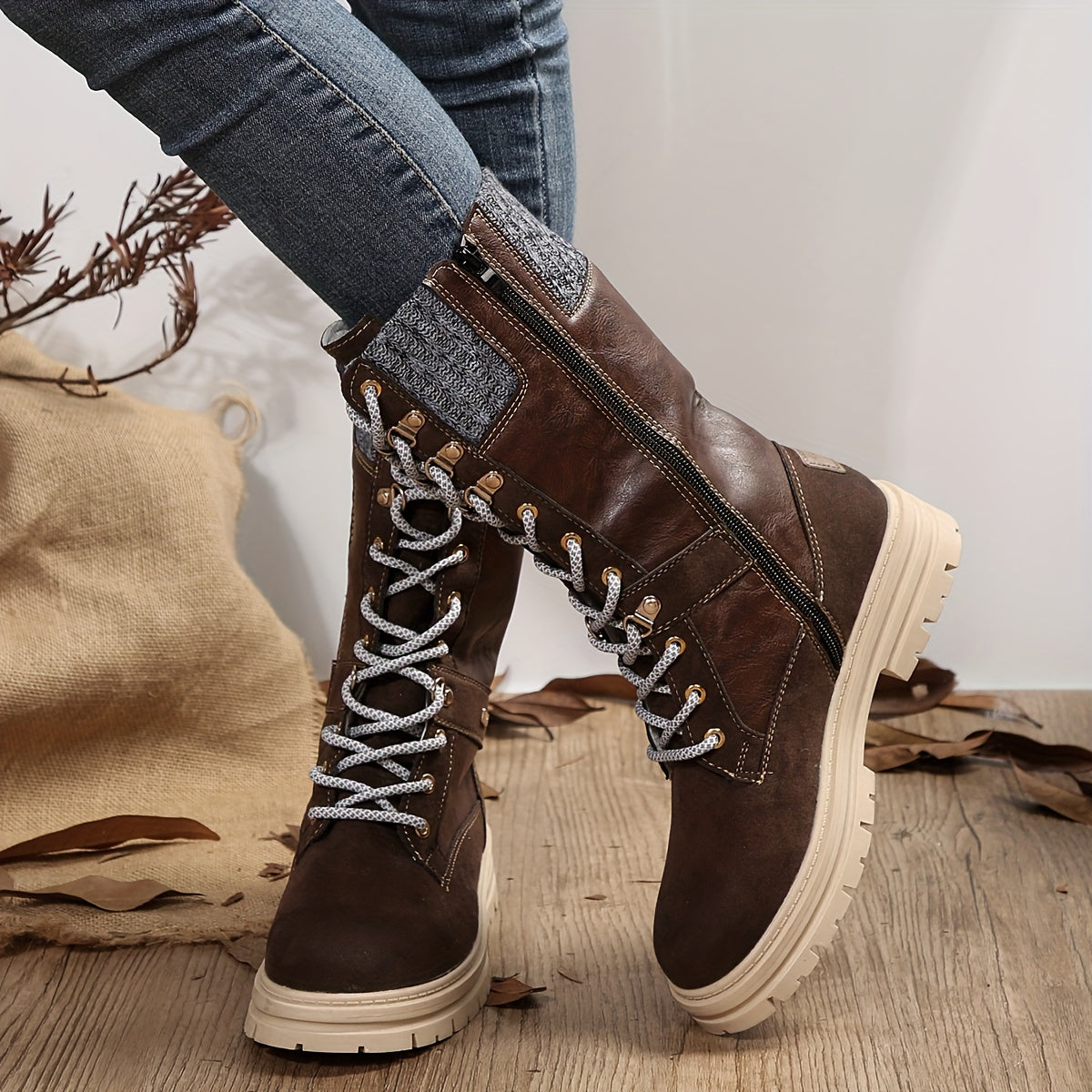 Women's Solid Color Trendy Boots, Lace Up Platform Side Zipper Comfy Mid Calf Boots, Winter Round Toe Knitted Rim Boots