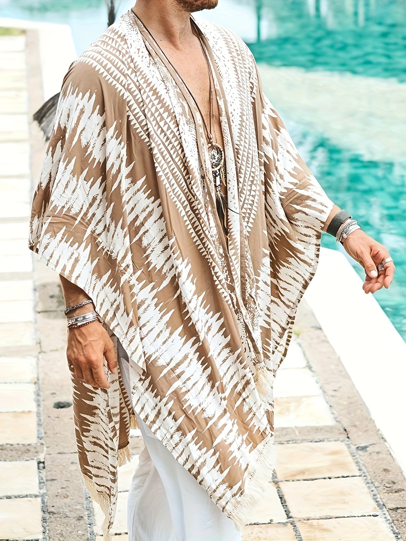 Bohemian Style Men's Cape With Tassel Design, Ethnic Style Clothing For Seaside Beach Vacation, Loose Casual Sun Protection Coat