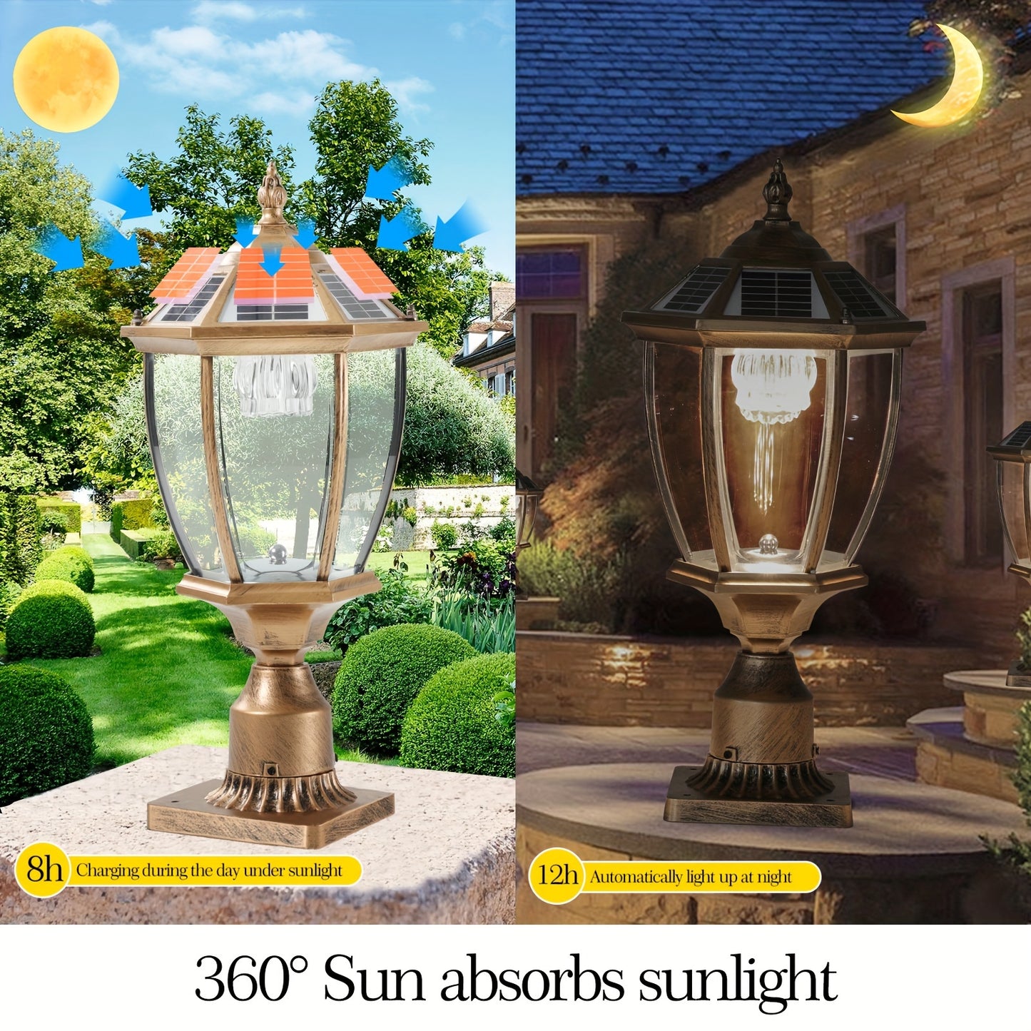 2Pcs Golden Outdoor waterproof and rust solar lights, entrance, hotel, courtyard, garage, garden gate landscapegate porch solar lights, with remote control, hotel restaurant garden outdoor waterproof lighting, summer and wint