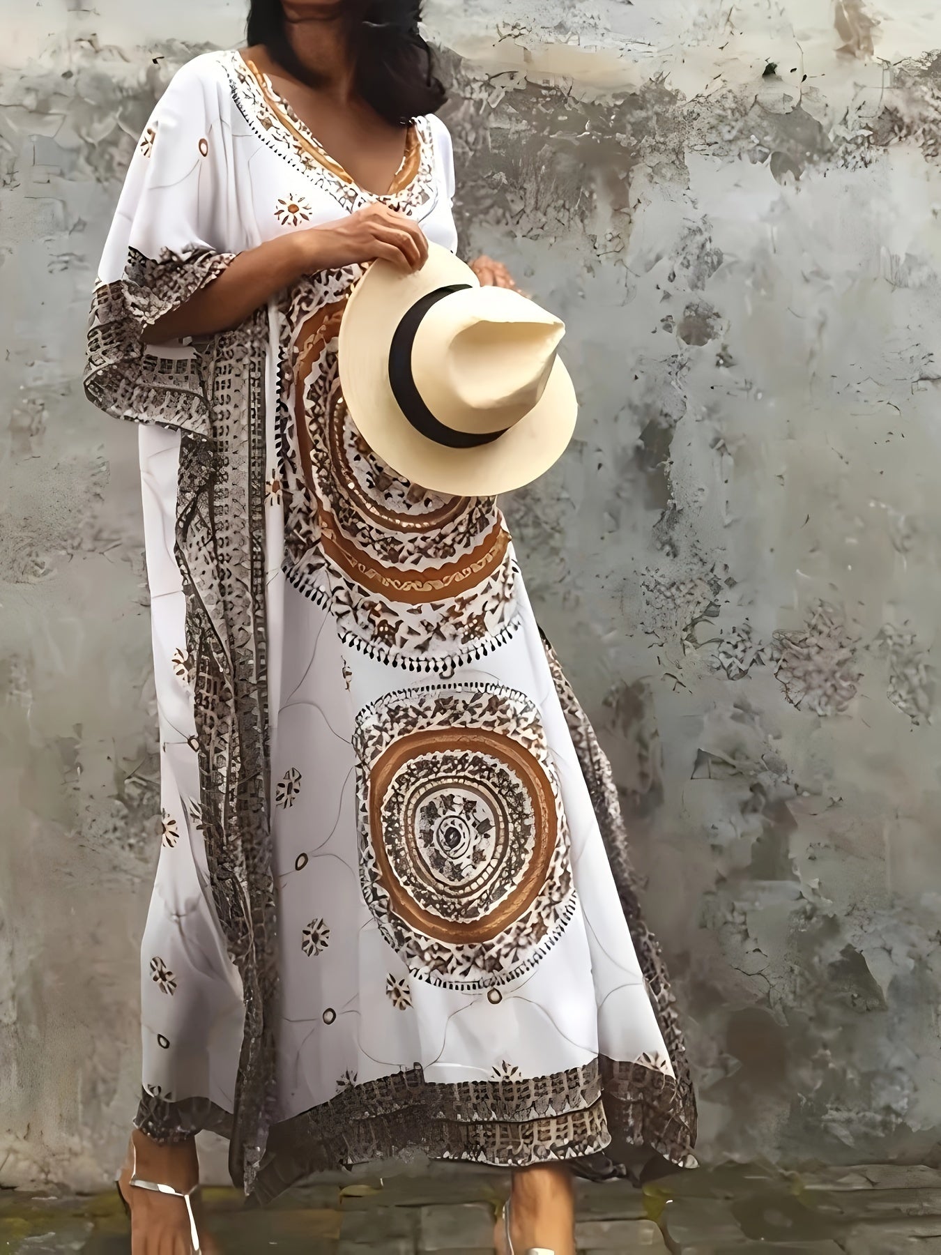 Boho Chic Paisley Print Beach Cover-Up Dress - Loose Fit, V-Neck with Side Slits, Machine Washable - Perfect for Summer Vacations