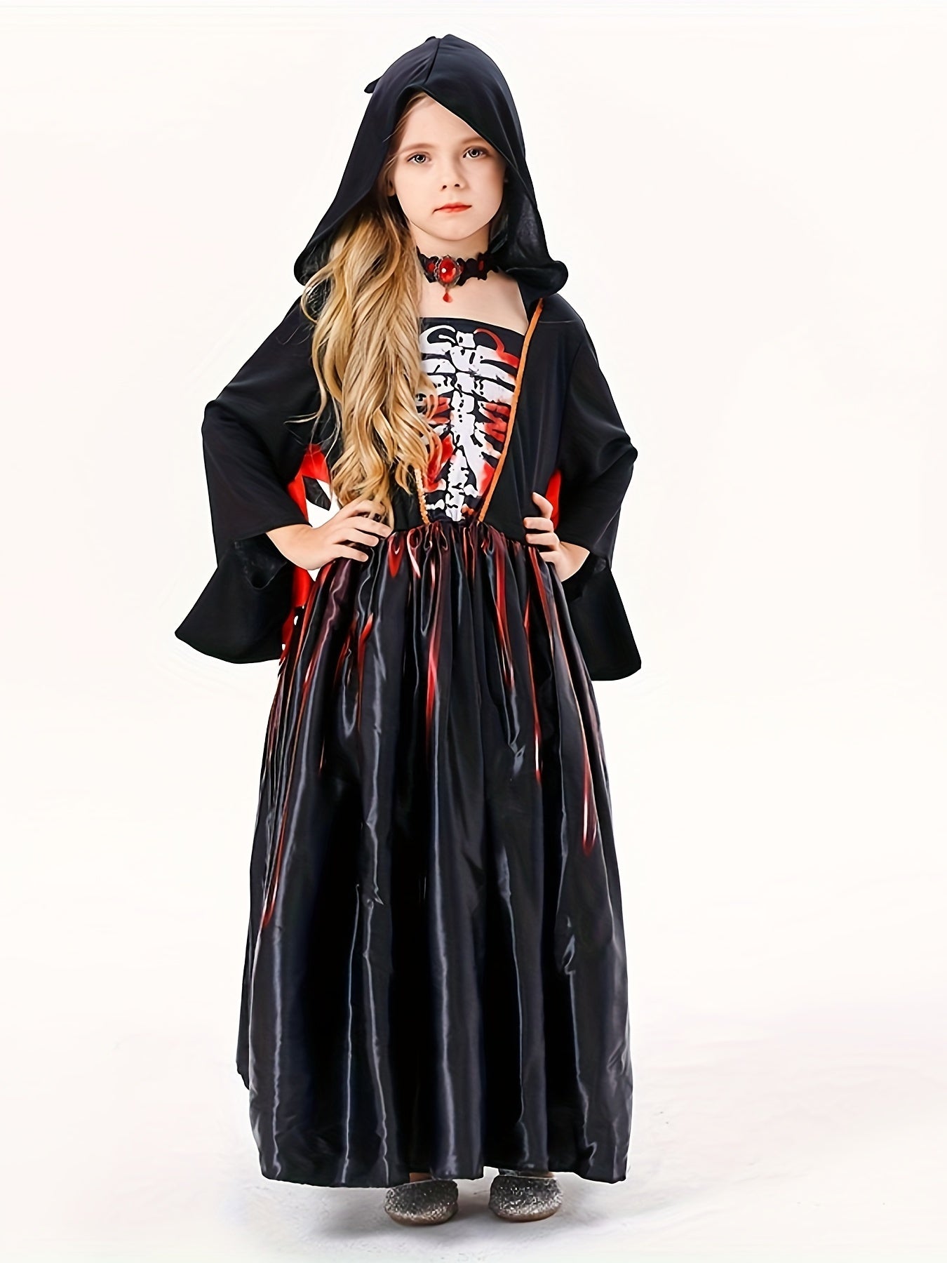 Kids' Halloween Witch Costume - Spooky Black Skull Hooded Long Sleeve Dress with Geometric Pattern, Polyester & Spandex Blend, Machine Washable