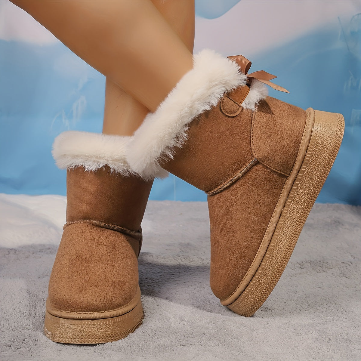 Women's Fluffy Bowknot Over-the-Knee Warm Winter Boots With Thick Heels