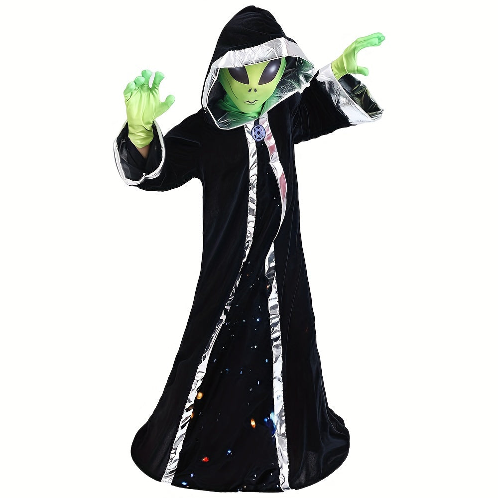 Boys Alien Clothing, Black Hooded Cloak & Mask & Gloves Set, Boys Halloween Party Clothes