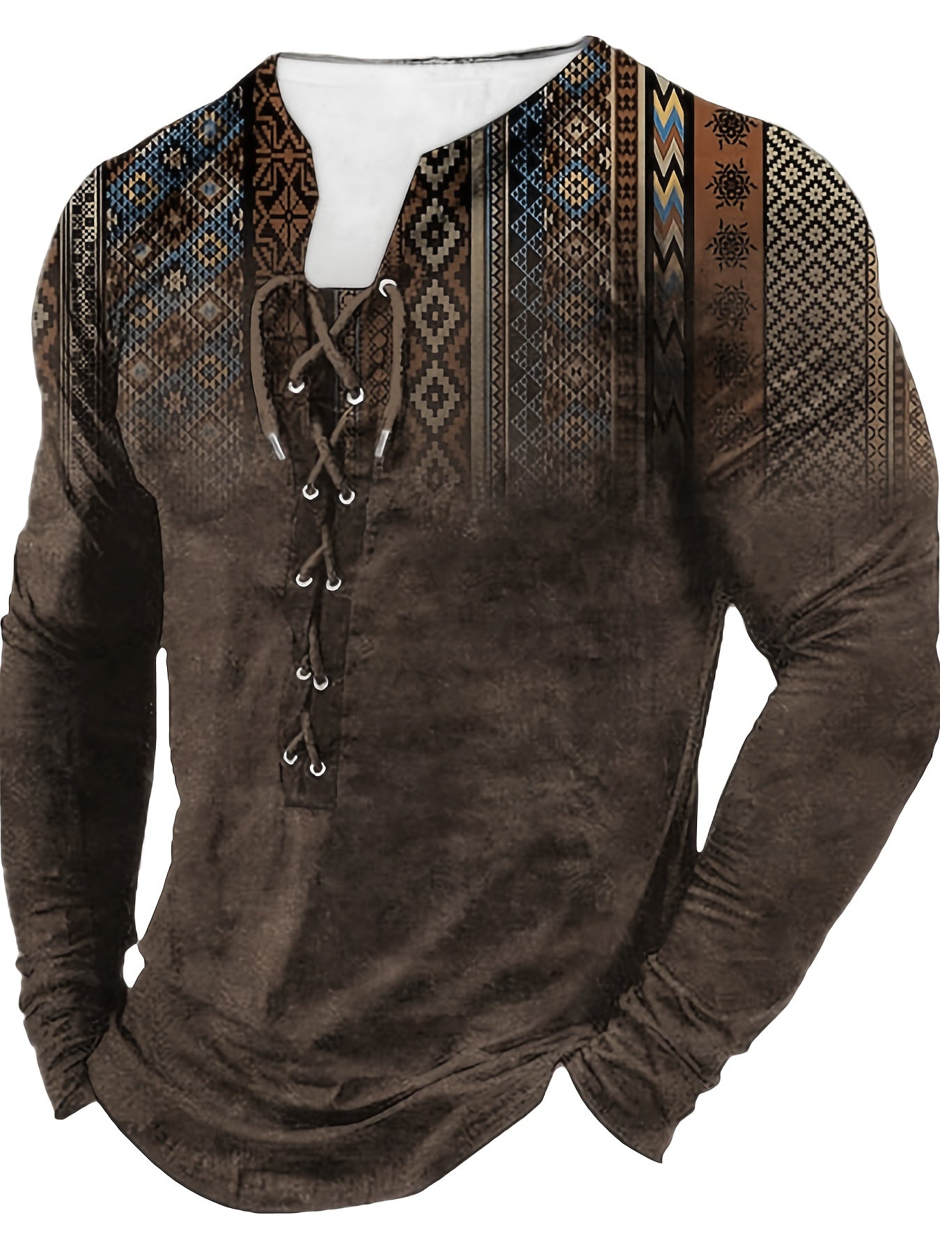 Bohemian Style Pattern Men's Vintage Long Sleeve Henley Tee, Spring Fall, Gift For Men