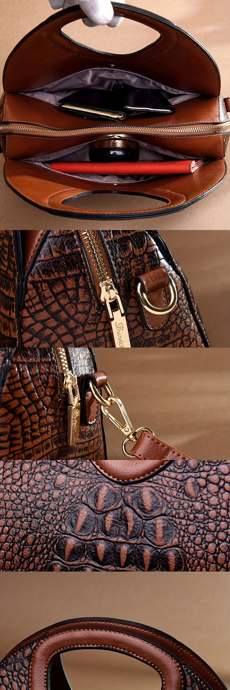 2-Piece Set PU Leather Handbag & Clutch Zipper Purse, Crocodile Embossed, Fashion Commuter Bags