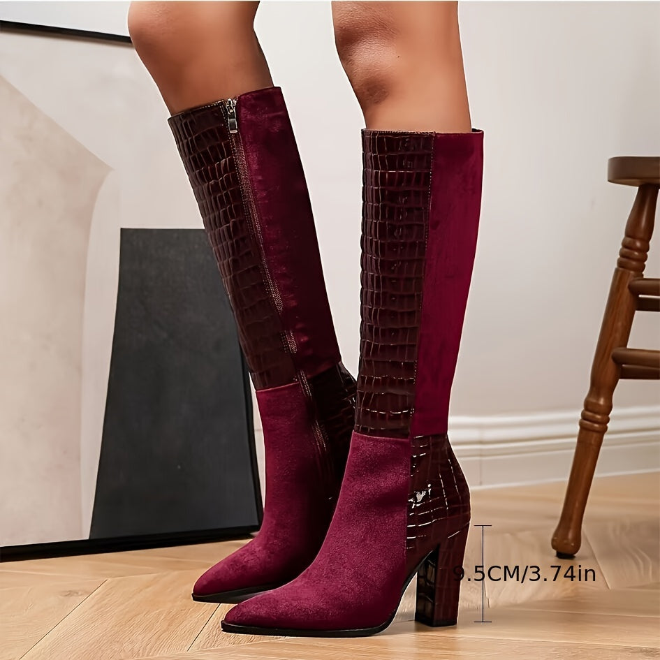 Chic Burgundy Velvet Knee-High Boots for Women - Sexy Pointed Toe, Chunky Heel with Side Zipper, Faux Cover & Rubber Sole