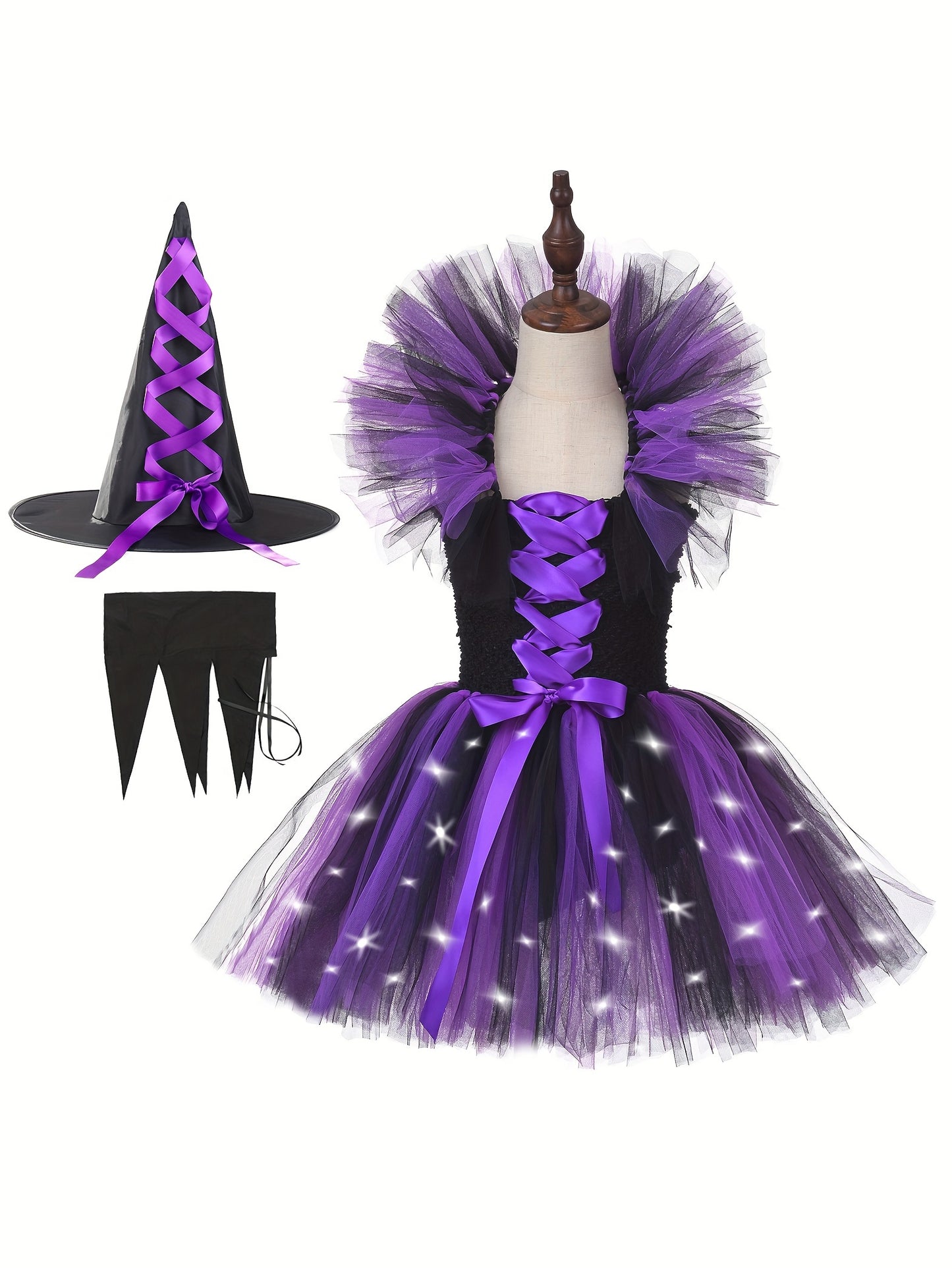 LED Witch Dress for Girls with Hat Halloween Costumes Kids Purple Tutu Dresses Clothes Outfit