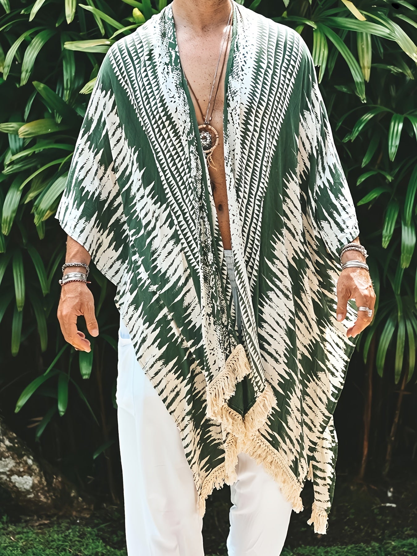 Bohemian Style Men's Cape With Tassel Design, Ethnic Style Clothing For Seaside Beach Vacation, Loose Casual Sun Protection Coat