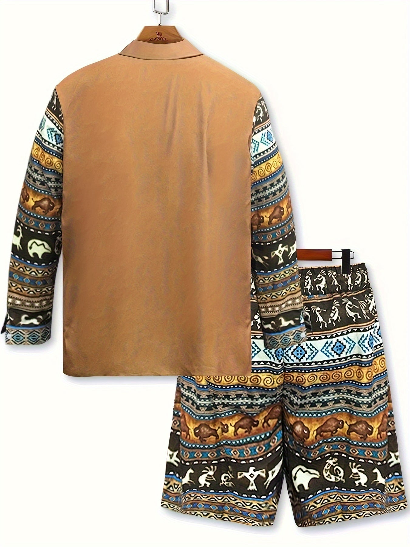 Men's Plus Size Bohemian Style Ethnic Pattern Graphic Print Shirt & Shorts Set, Casual Summer Beach Wear