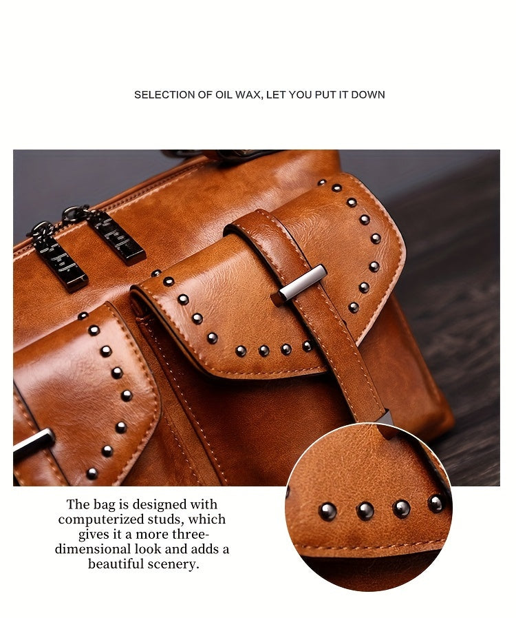 New Retro Wax Handheld Single Shoulder Crossbody Fashion Messenger Rivets Large Capacity Women's Bags