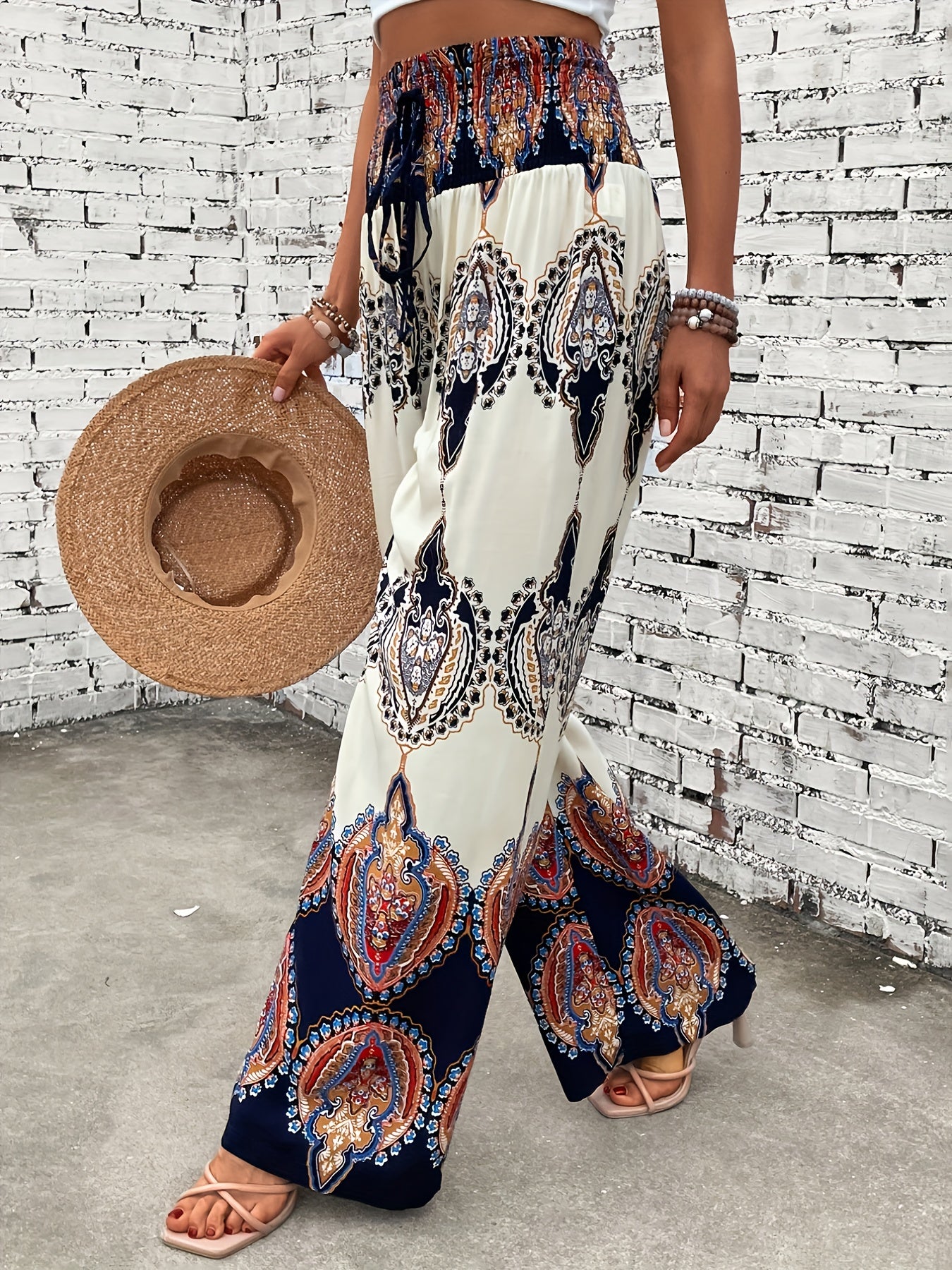 Ethnic Graphic Print Pants, Boho Shirred Waist Wide Leg Pants