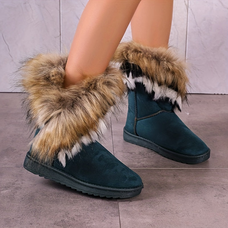 Women's Faux Fur Snow Boots, Casual Slip On Plush Lined Boots, Women's Comfortable Winter Boots