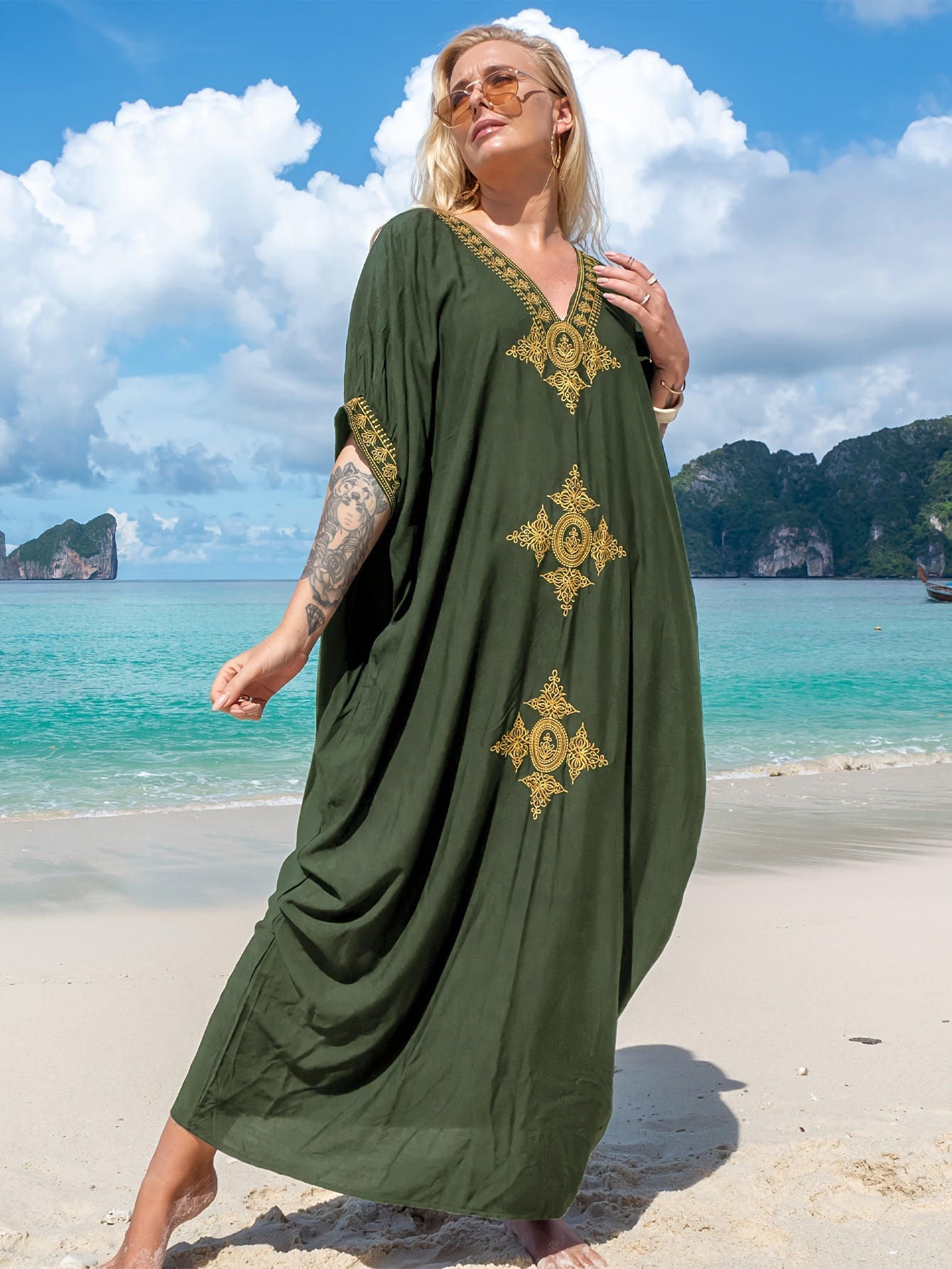 Graphic Embroidered V Neck Loose Kaftan Dress, Elegant Batwing Sleeve Maxi Coverup Dress,Bohemia