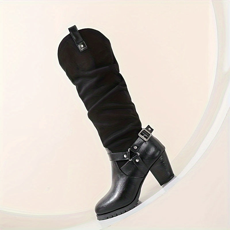 Stylish Women's All-Season Chunky Heel Boots - Comfortable Slip-On with Buckle Detail, Versatile for Outdoor & Casual Wear