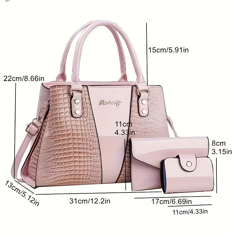 Elegant Crocodile-Embossed 3pcs Handbag Set for Women - Includes Glossy Tote, Crossbody Bag & Credit Card Holder with Adjustable Strap