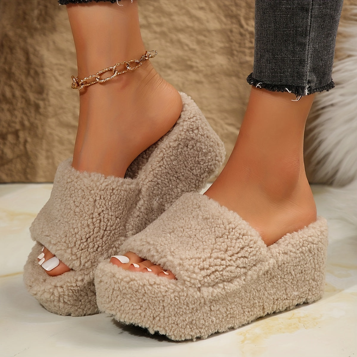 Women's Chunky Heel Thick Sole Slippers, Casual Fabric Slide Sandals with Faux Sheepskin, Solid Color, Hand Washable, All-Season Comfort