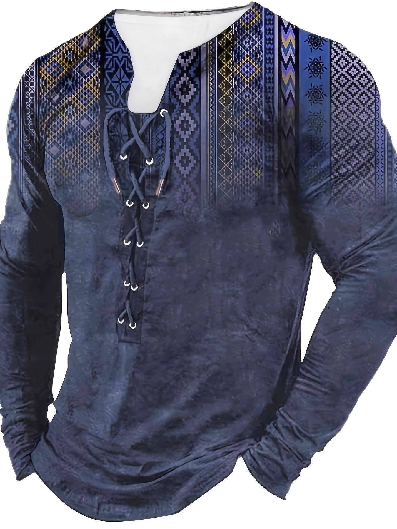 Bohemian Style Pattern Men's Vintage Long Sleeve Henley Tee, Spring Fall, Gift For Men