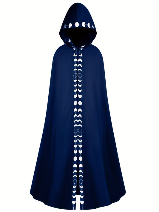 Men's Moon Phases Graphic Print Hooded Cloak, Mysterious Medieval Renaissance Long Cape Ritual Robe For Halloween Party Gift