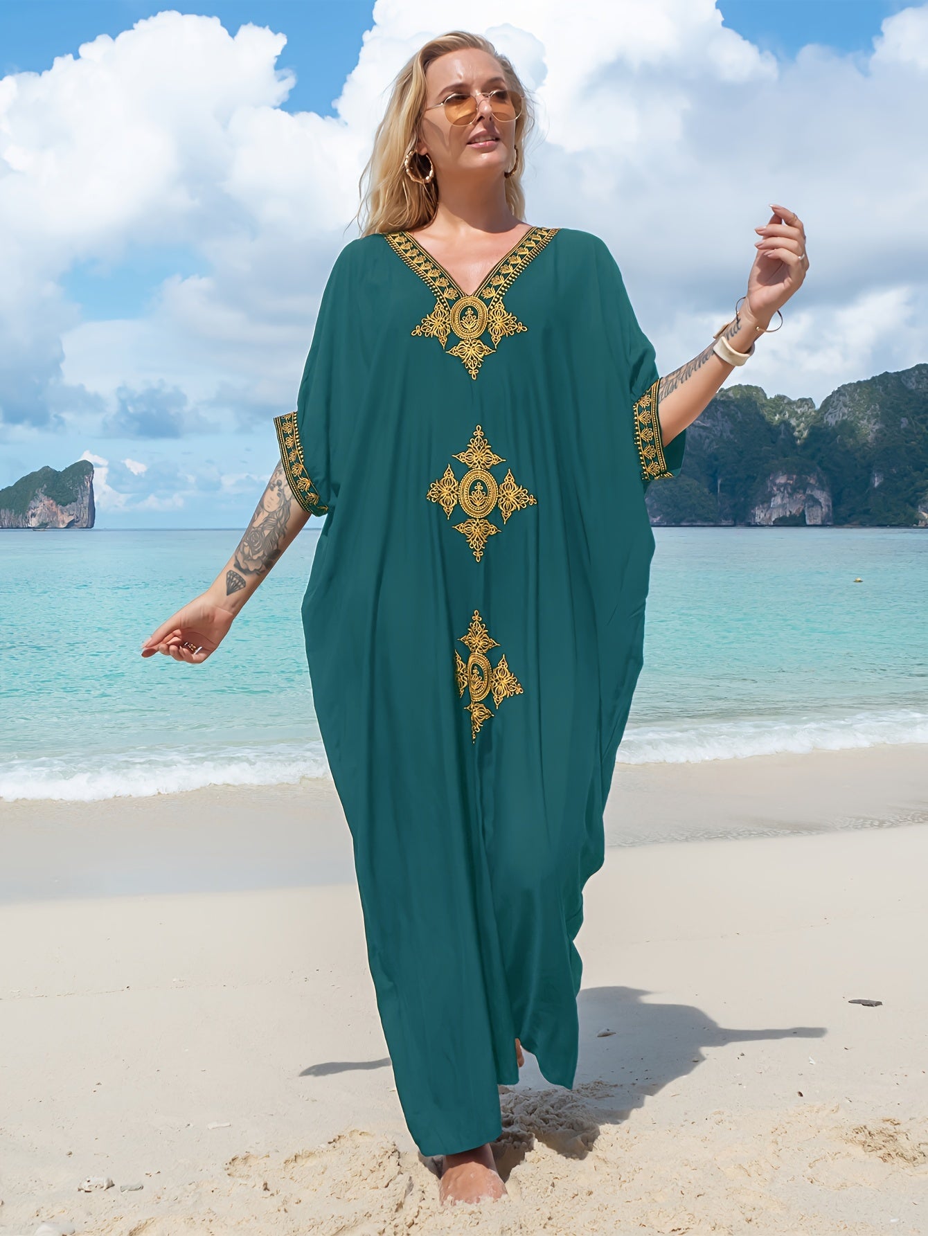 Graphic Embroidered V Neck Loose Kaftan Dress, Elegant Batwing Sleeve Maxi Coverup Dress,Bohemia