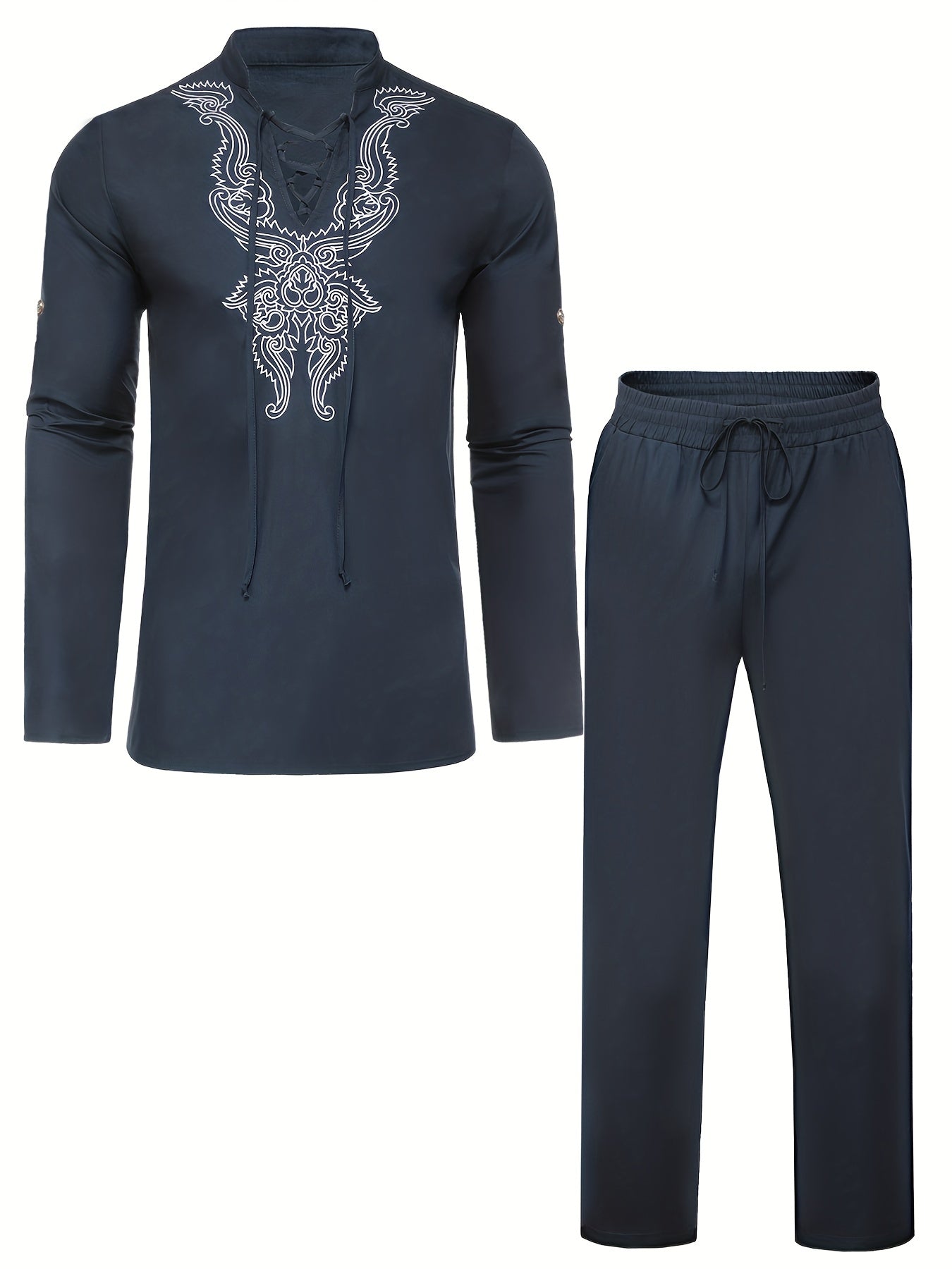 Cotton Boho Style Pattern Embroidery Men's 2 Pieces Outfits, Long Sleeve Lace Up Shirt And Drawstring Solid Trousers Set