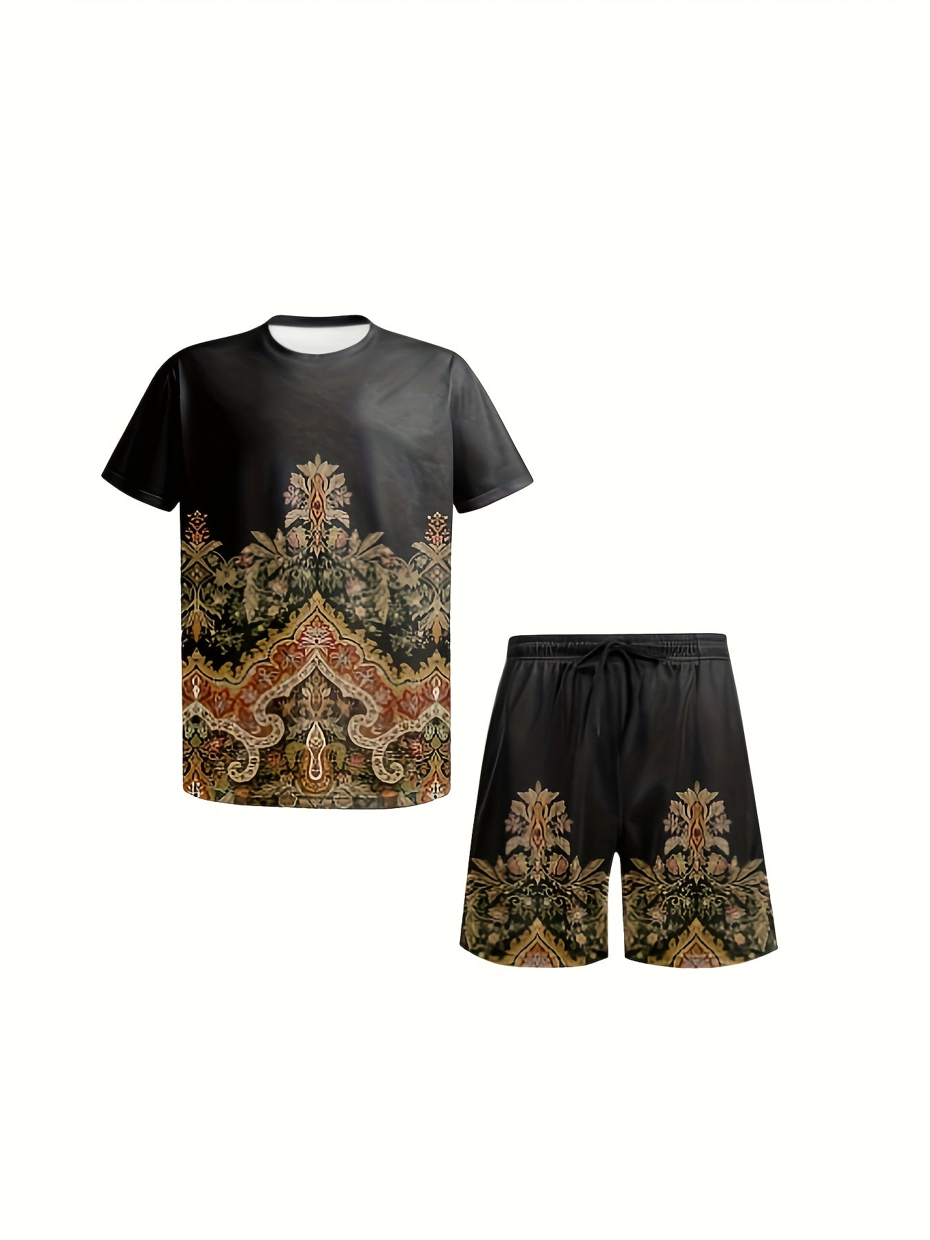 2pcs Men's Bohemian Ethnic Patterns Print Short Sleeve T-shirt + Shorts Co-ord Set, Casual Outdoor Summer Set As Gift