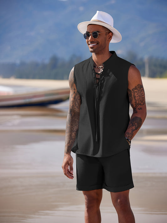 Men's Linen Sets 2 Piece Beach Outfits Lace Up Hippie Tank Tops Summer Casual Sleeveless Shirts Matching Shorts Set