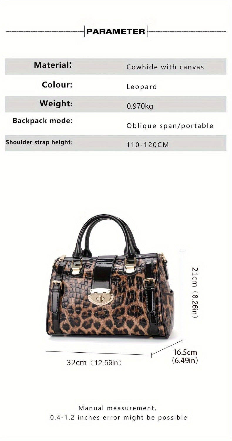 Leopard Print Handbag For Women, Crocodile Pattern Boston Bag, Luxury Genuine Leather Satchel Purse